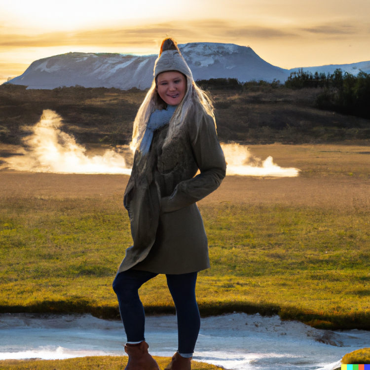 DALL·E 2022-08-05 22.50.17 - Photo of a happy, blond woman who is visiting green meadows with geysirs, shiny golden sky and mountains in the background.png
