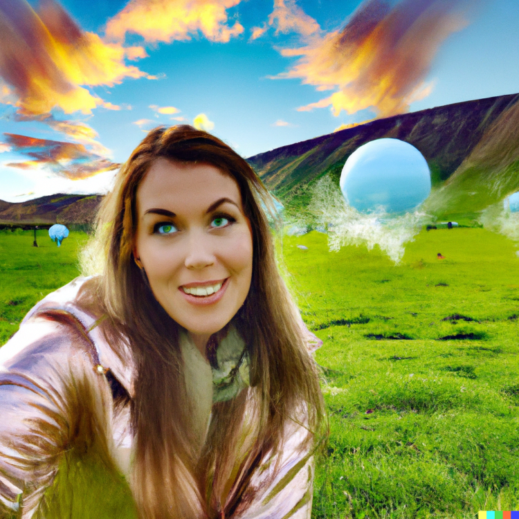 DALL·E 2022-08-05 22.44.37 - Photo of a happy, blond woman who is visiting a foreign planet with shiny golden sky, green meadows with geysirs and mountains in the background.png